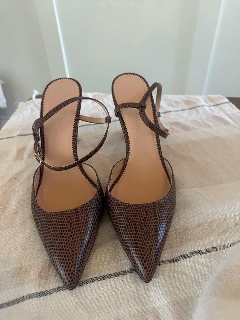 J. Crew Brown Lizard-Embossed Pointed Slingback Heels- Leather